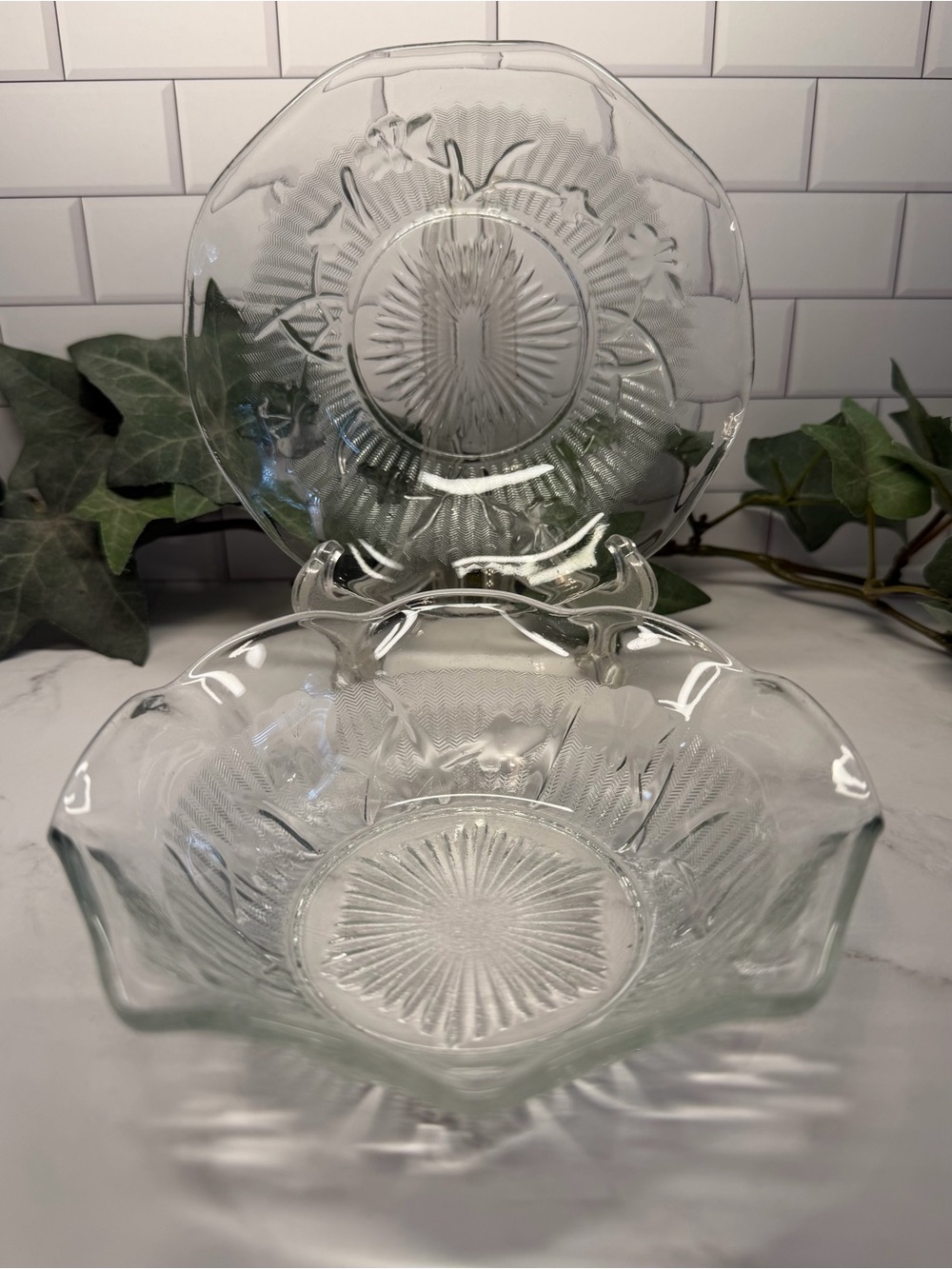 Two (2) Iris & Herringbone Clear Ruffled Sauce Dishes/Berry Bowls